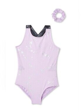 Justice Girls Dance Gymnastics Lilac Starprint One-Piece Leotard with Scrunchie